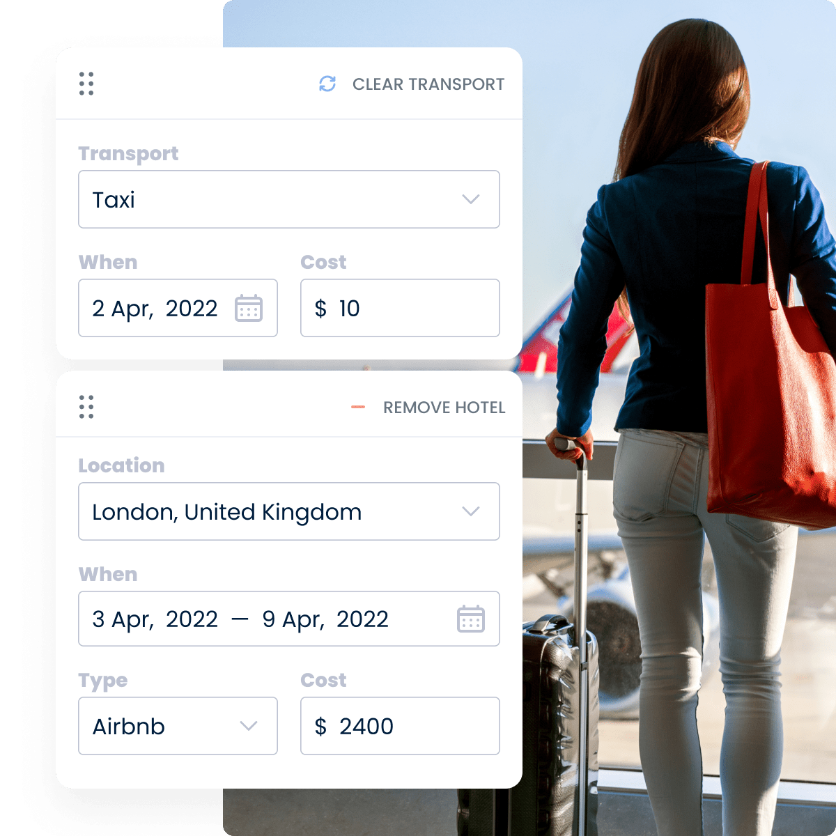 woman-waiting-for-plane-with-luggage-reporting-travel-expenses-in-mobile-app